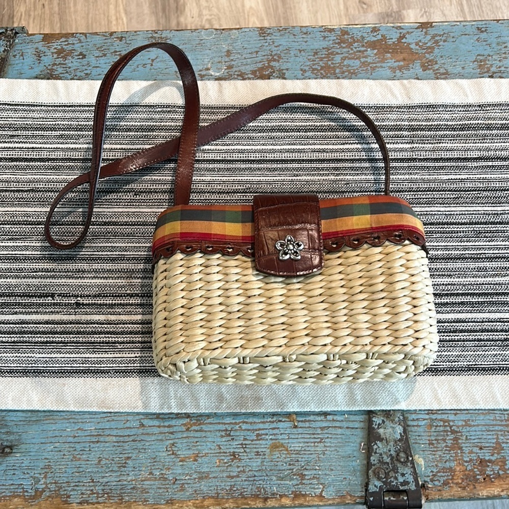 Vintage Brighton Straw Handbag Red Leather Crossbody Purse Plaid